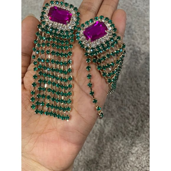 Fuchsia earrings large pink & green fringe long emerald crystal dark green - Picture 3 of 10